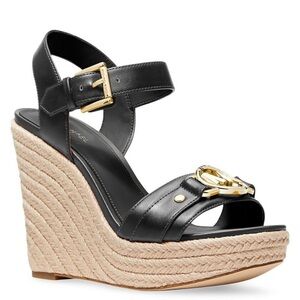 Michael Kors Rory MK Logo Wedge Espadrille Black Sandals Shoes Heels Pumps